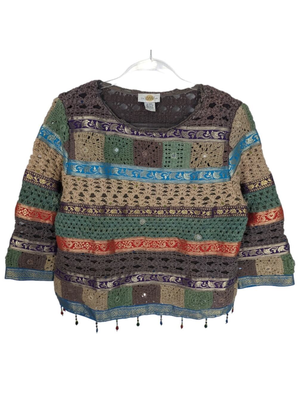 Vintage Sandy Starkman Crochet Sweater Knit Mixed Media Tapestry Cotton Blend